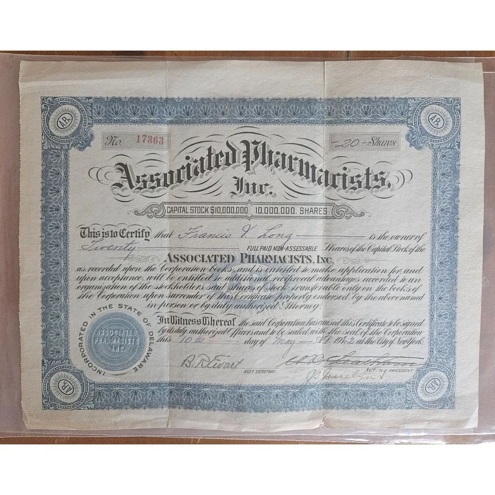 1912 Associated Pharmacists Inc. up to $1,000,000 Capitol Stock (20 shares) Rare